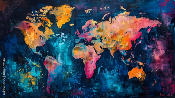 Fototapeta Abstract digital world map Oil color painting. Generative AI.