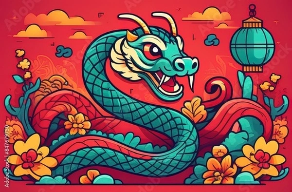 Fototapeta 2025 year of the snake chinese new year. Chinese New Year red. 2025 Year of the Snake. Asian Traditional graphic. Season greeting card. 12 china zodiac