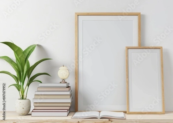 Fototapeta A mockup of an empty blank poster frame on the wall