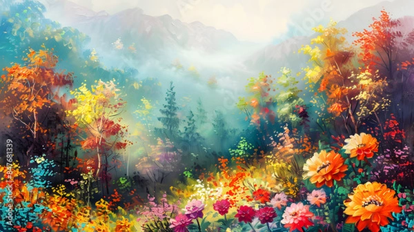Obraz colorful flowers in the autumn season Oil color painting. Generative AI.