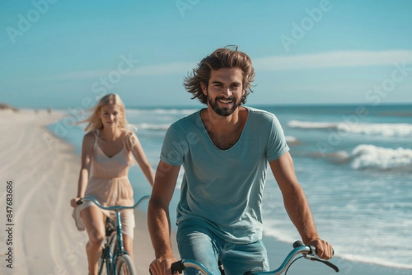 Obraz Young couple cycling on a beach with blue skies and ocean waves