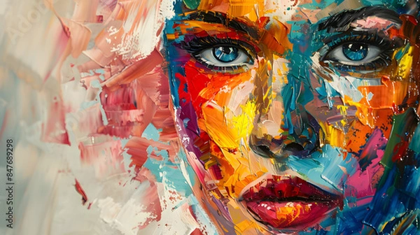 Fototapeta Face of a beautiful woman with multicolored Oil color painting. Generative AI.