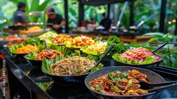 Fototapeta A vibrant salad bar featuring a variety of fresh dishes, with people preparing food in the background.