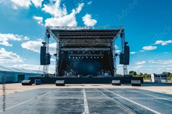 Fototapeta An empty festival stage with equipment left behind, blue skies overhead