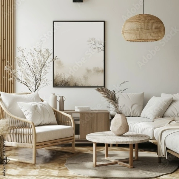 Obraz beautifully decorated living room with a neutral color palette features a cozy sofa, wooden furniture, and elegant decor. The atmosphere is warm and inviting