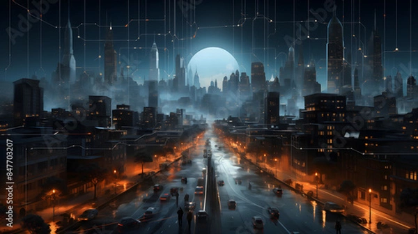 Obraz 3d illustration visualized Quantum Grid: Develop a background where quantum computing has reshaped urban planning.