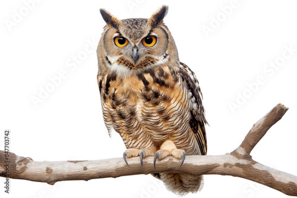 Obraz A large owl is perched on a branch, transparency background PNG