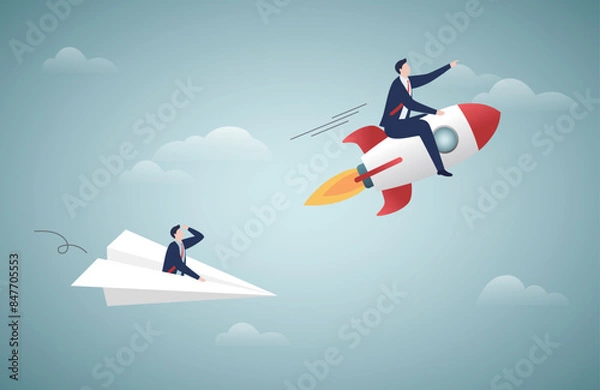 Fototapeta New innovations, Business competition. Businesswoman piloting a rocket wins a competitor. vector illustration