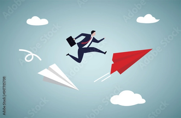 Fototapeta Businessman jump over the new paper plane illustration.Change to better company, innovation to help success or career change to new path, alternative way or direction concept.