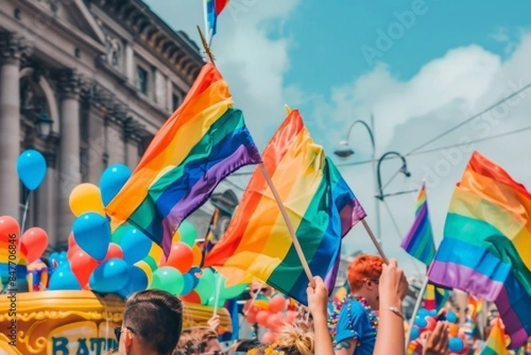 Fototapeta Crowd celebrating with rainbow flags at a public event