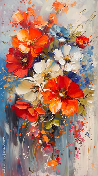 Fototapeta flowers on canvas Colorful floral background Oil color painting. Generative AI.