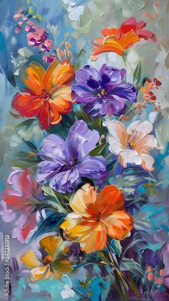 Fototapeta flowers on canvas Colorful floral background Oil color painting. Generative AI.