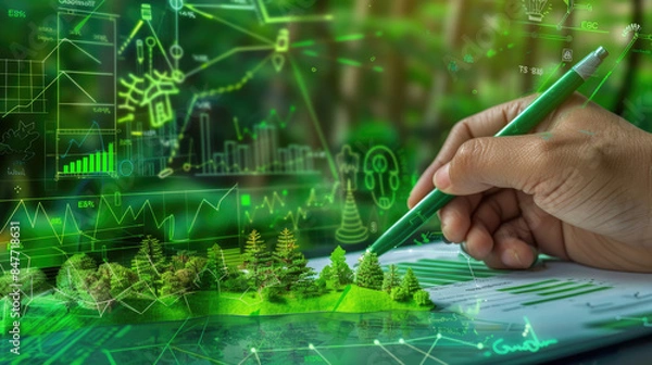 Fototapeta Businessman planning on environmental protection initiative for clean and sustainable future ecology, ESG environmental social governance display on paper chart on eco-friendly company