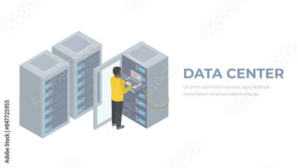 Obraz Data center isometric illustration. Data center worker with servers. Data storage concept.