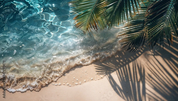 Fototapeta Tropical leaf shadow on water surface. Shadow of palm leaves on white sand beach. Beautiful abstract background concept banner for summer vacation at the beach.