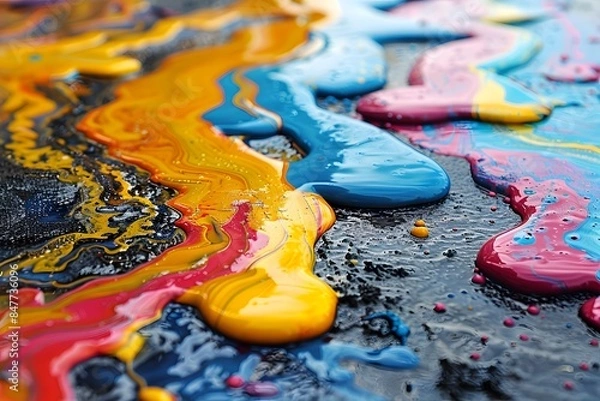 Fototapeta Abstract Colorful Paint Streaks on Black Surface - Vibrant and Dynamic Art, Perfect for Wall Art and Creative Design