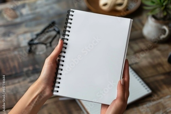 Obraz a woman holding a spiral notebook with black spirals