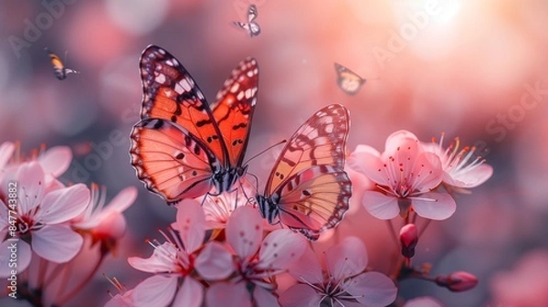 Fototapeta Dreamy Sakura Flower Garden in Full Bloom with Graceful Butterflies and Soft Sunlight, Creating a Serene and Magical Atmosphere