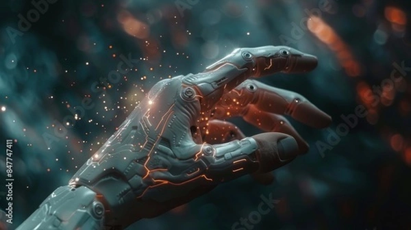Fototapeta A symbolic depiction of artificial intelligence, machine learning, and robotics, featuring a human hand reaching out to touch a digital interface, representing interaction and inno