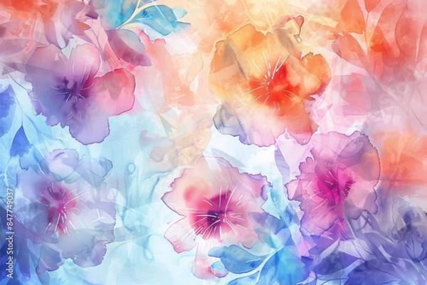 Fototapeta Beautiful blurry watercolor painting featuring large, vibrant flowers in shades of purple, pink, and orange, exuding a soft, warm, and whimsical charm.