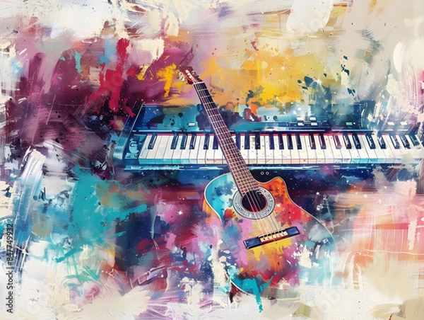 Fototapeta Abstract colorful guitar and piano keyboard on watercolor illustration painting background Oil color painting. Generative AI.