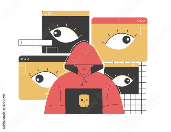 Obraz Hacker in a hoodie using a laptop surrounded by surveillance icons, highlighting online privacy risks and data protection. Emphasizes the importance of internet security and digital safety.