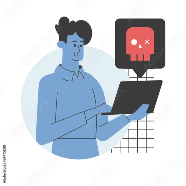 Obraz Illustration of a man holding a laptop with a red virus warning icon, representing cyber attacks, malware threats, and cybersecurity. Highlights online safety, data protection, and virus alerts.