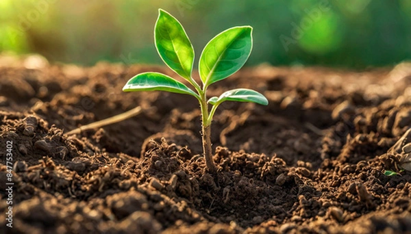 Obraz A young seedling sprouts from fertile soil, bathed in warm sunlight.symbolizing new life and growth in harmony with nature. Ideal for ecology, sustainability, and environmental awareness themes.