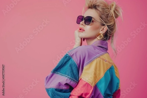Obraz Beautiful blonde woman in sunglasses and 90s clothes on pink background