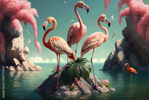 Fototapeta Flamingos on a rock