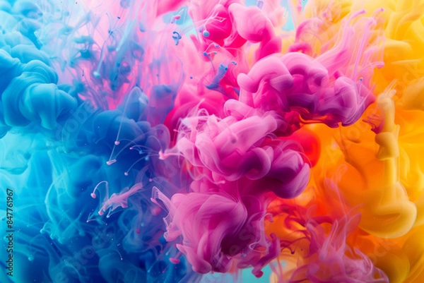 Fototapeta A vivid, swirling mix of blue, pink, and yellow paint forms an energetic and eye-catching abstract composition suspended in water.