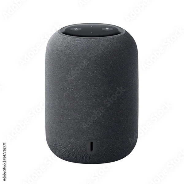 Fototapeta Modern black smart speaker with a sleek cylindrical design, perfect for high-quality audio, smart home integration, and voice control.