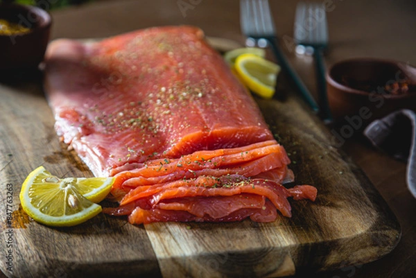 Obraz Smoked trout fillet. Piece of salmon