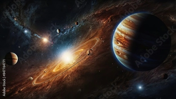 Fototapeta abstract space background image, planet in space among the glow of the milky way, galaxies and stars in purple and blue tones