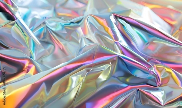 Fototapeta Crumpled silvery white foil paper in which the refracted light is reflected and turns into rainbow highlights