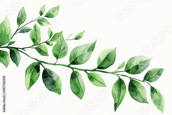 Obraz Vector style illustration of a twig with leaves, green foliage on white background