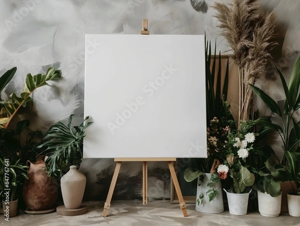 Fototapeta A mockup of large white blank canvas A2 format on a wooden easel with plants and flowers beside it 