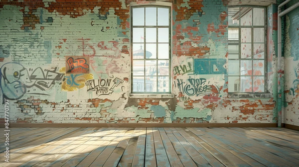 Fototapeta Old abandoned building with a grunge wall, deteriorating structure, urban decay 