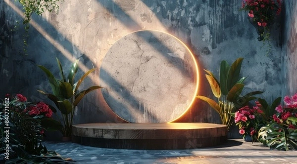 Obraz Minimalist Architectural Design With Circular Archway and Desert View at Sunset