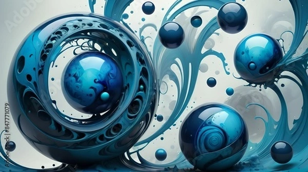 Fototapeta Abstract Surreal Art with Blue Spheres and Swirling Patterns