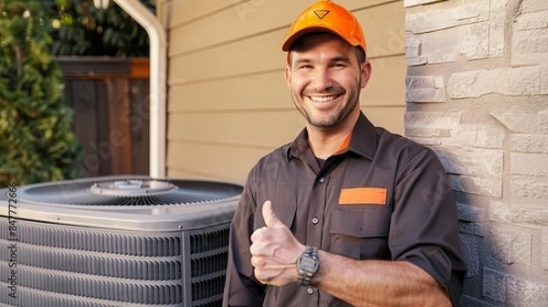 Fototapeta Thumbs up from a delighted electrician near an air conditioning unit.
