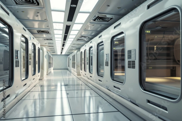 Fototapeta A sleek, futuristic capsule hotel hallway featuring rows of white, high-tech sleeping pods with glass doors, illuminated by soft, ambient lighting.