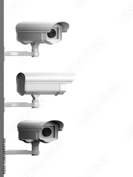 Fototapeta Three security surveillance cameras side view isolated on white background