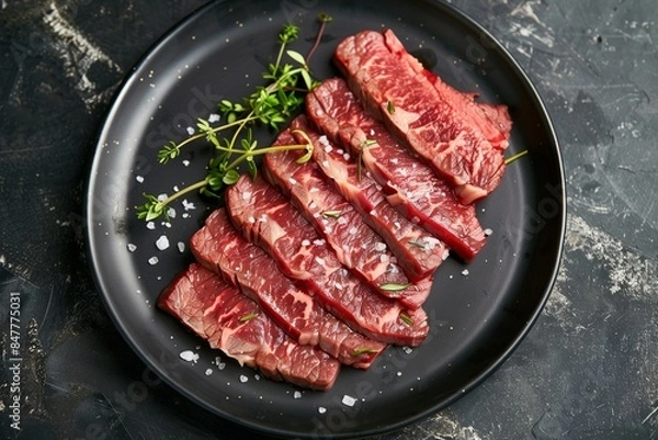 Obraz An overhead view of sliced beef steak on a matte black plate, showing the beautifully marbled meat, the perfectly cooked, tender slices arranged elegantly, and garnished with a touch of sea salt.