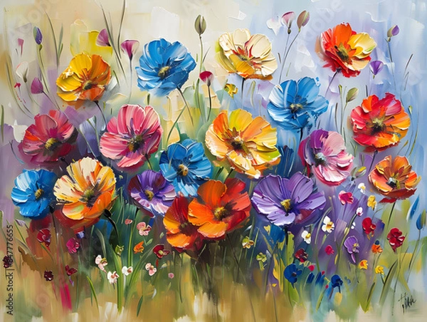 Fototapeta Garden Symphony with the stunning colorful flowers Oil color painting. Generative AI.