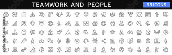 Obraz Business people and teamwork thin line icons set. Teamwork editable stroke icon collection. People, team, collaboration icons. Vector illustration