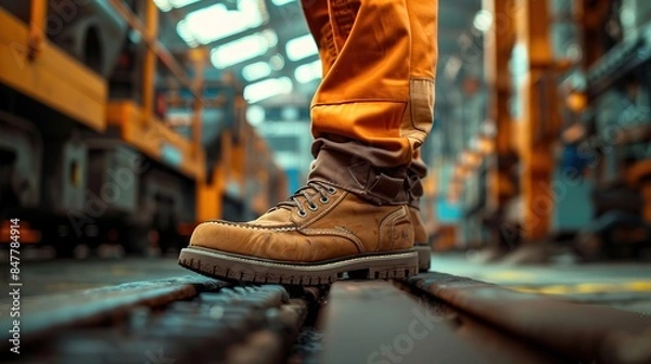 Fototapeta Factory worker wearing safety shoe and working uniform is standing in the factory, ready for working in danger workplace, Safety equipment concept. copy space for text.