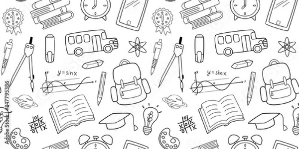 Fototapeta Back to school. Trendy seamless pattern in doodle design. Pattern with school supplies in simple flat style. Vector illustration.
