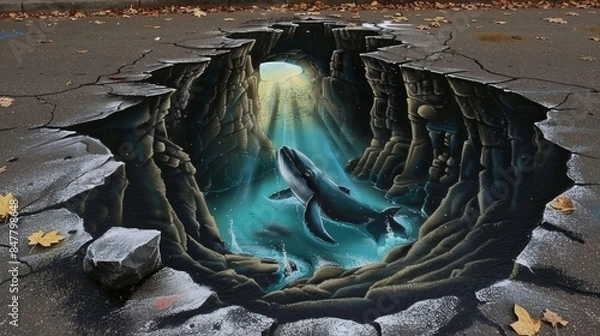 Obraz 3D street art mural on a pavement, depicting a realistic underwater scene with a whale swimming in a deep, sunlit ocean cave, creating a captivating illusion.