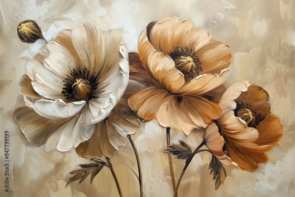 Fototapeta An oil painting of large brown and cream poppies on a beige background.